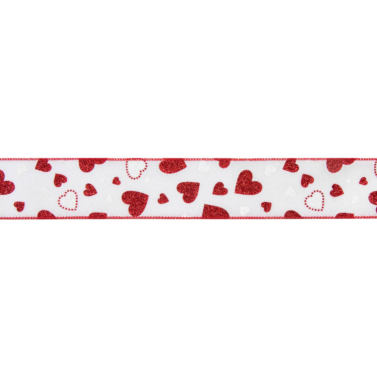 2.5" x 10yd. Glitter Dotted Hearts Valentine's Day Wired Craft Ribbon